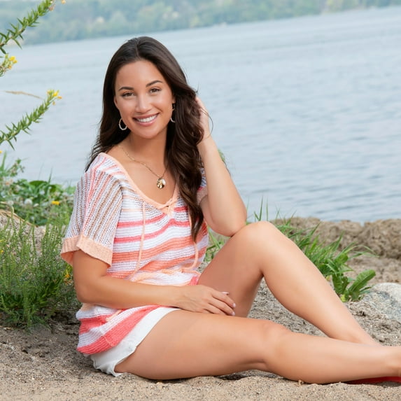 Elsie & Zoey Shira L/XL Coral Short Sleeve V-Neck Striped Knit Top for Women