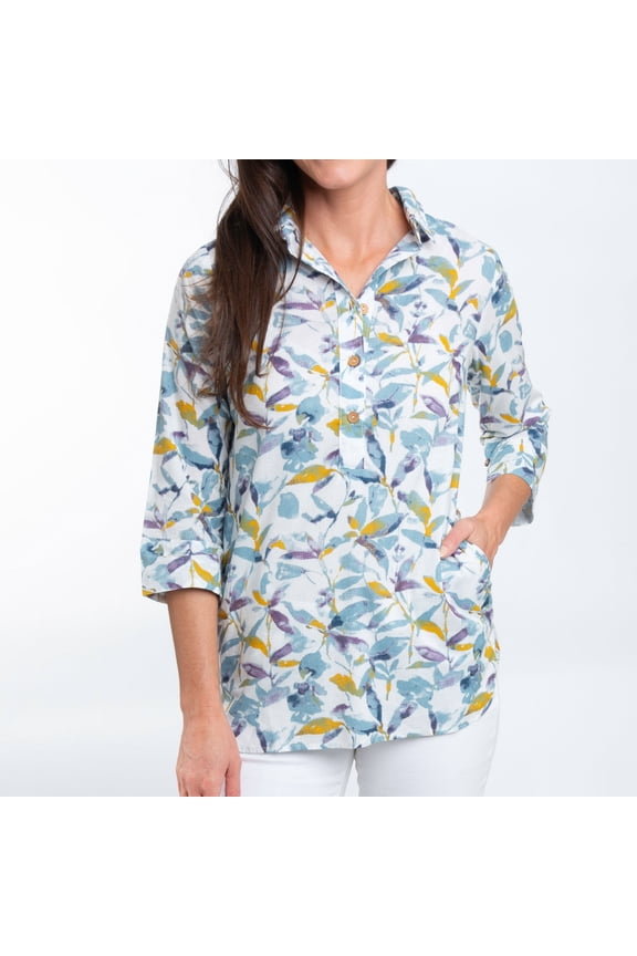 Tessa Small Watercolor 3/4 Sleeve Collared Tunic Blouse for Women