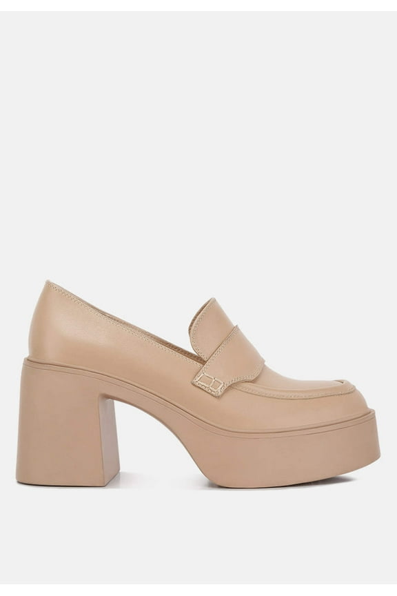 Elspeth Heeled Platform Leather Loafers in Sand