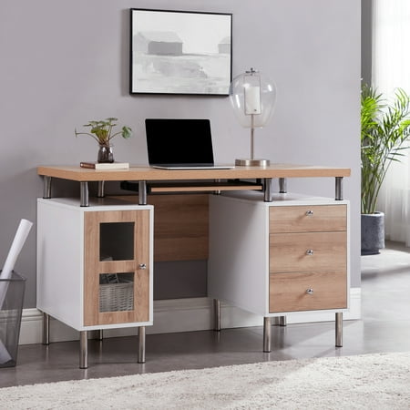 Elsy 3-Drawer File Cabinet Two-Tone Desk with Keyboard Tray, Power Outlets, USB Ports Charging Station, Metal Legs - 47.2" Wooden Computer Writing Desk Gaming Sturdy Home Office Desk- White