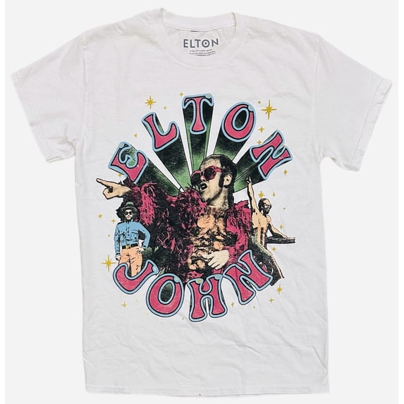 Elton John Men's Officially Licensed Vintage Distressed Print White Tee T-Shirt (XX-Large, White)