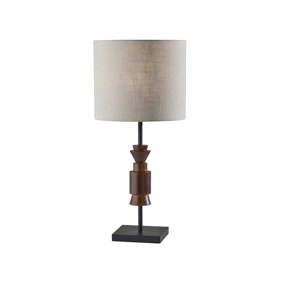 Adesso Elton Table Lamp, Black + walnut Wood Base, Light Beige Textured Fabric Shade