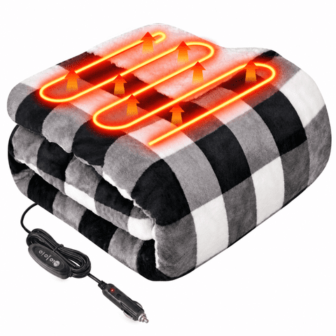 Eltruqan Heated Car Blanket, 12-Volt Electric Blanket with 3 Heating Levels for Car, Truck, SUV, RV or Camping, 59" x 43”, Grey Buffalo Plaid