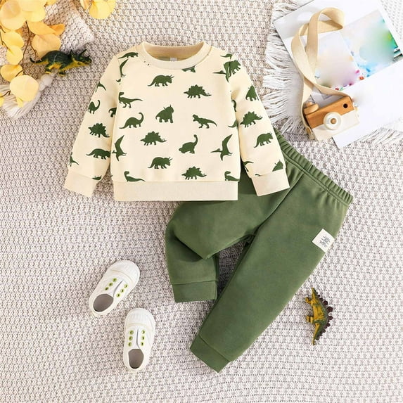 Eltusu Baby Boys Cotton Outfit Sets, 2 Pieces Long Sleeve Pullover Tops and Pants Set Green Size 12-18 Months