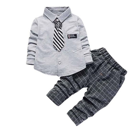 Eltusu Baby Boys Cotton Outfit Sets, Party Long Sleeve 2 Pieces School Uniform Set Gray Size 1 T