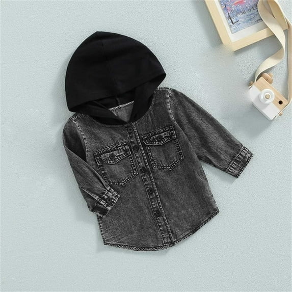 Eltusu Baby Boys Denim Jackets, Hooded Full Zip Solid Color Mid-Weight Jean Outerwear Black Size 1-2 T