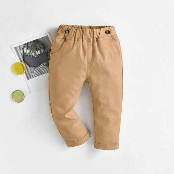 Eltusu Baby Boys Dress Pants, Relaxed Fit Straight Leg Elastic Waist Solid Color School Uniform Pants Khaki Size 6-12 Months