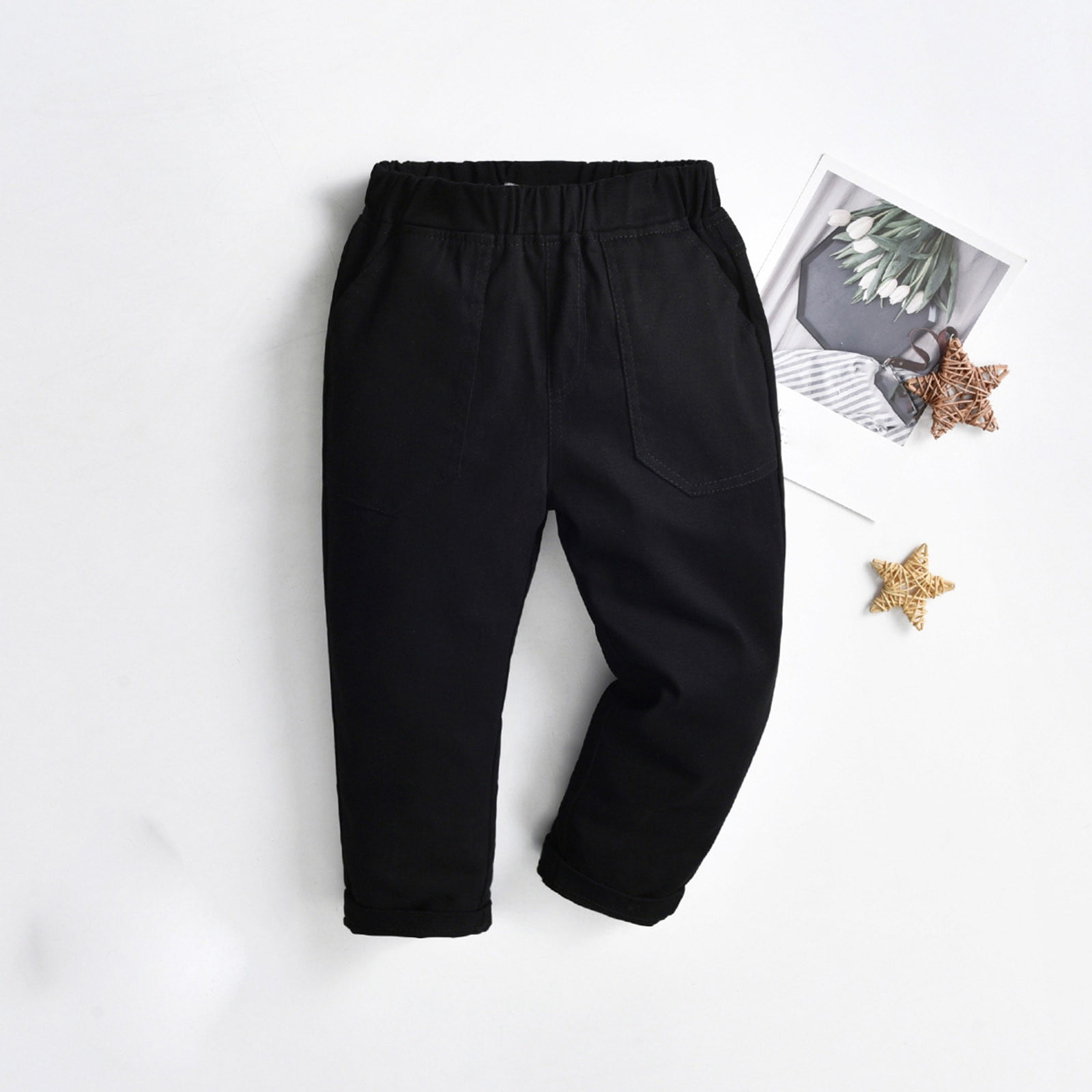 Eltusu Baby Boys Dress Pants, Straight Leg Relaxed Fit Casual Elastic Waist  School Uniform Pants Black Size 6-12 Months