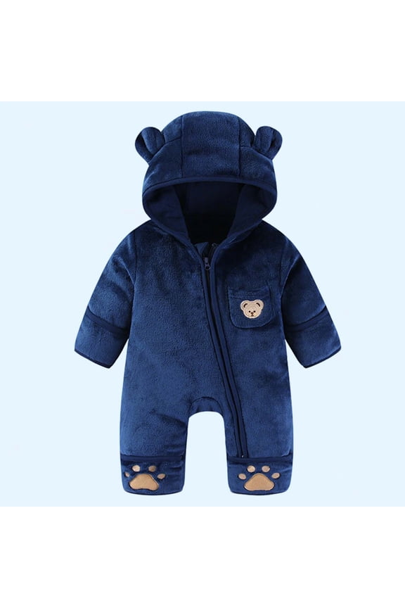 Baby Boys Fleece Jumpsuits, Thermal Soft Long Sleeve Hooded Winter Rompers Navy Size 6-9 Months