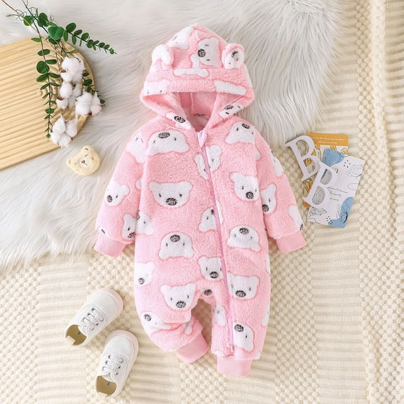 Eltusu Baby Boys Fleece Jumpsuits, Zipper Hooded Long Sleeve Warm Winter Rompers Pink Size 3-6 Months
