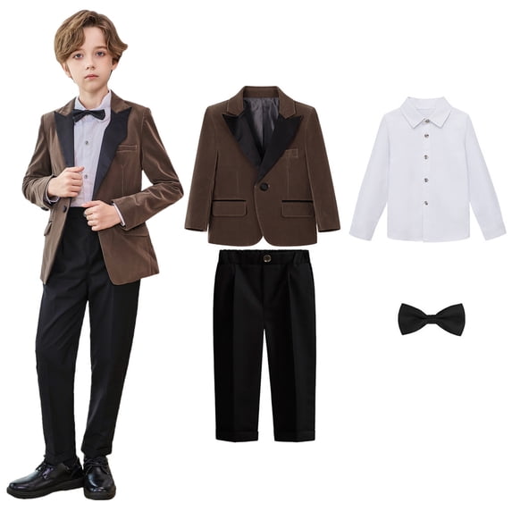 Eltusu Baby Boys Outfit Sets, Long Sleeve 4 Pieces Formal School Uniform Set Coffee Size 12-18 Months
