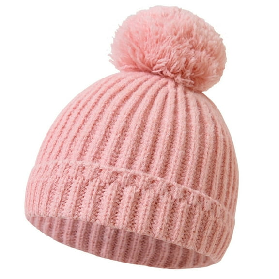 Eltusu Baby Girls Beanies with Pompom, Stretch Winter Windproof Thermal Knit Hats Pink Size 0-12 Months