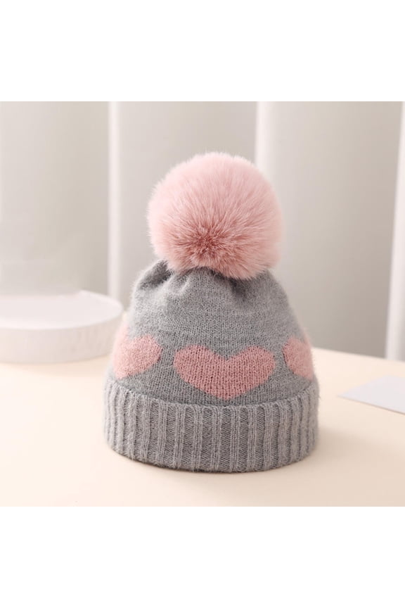 Baby Girls Beanies with Pompom, Windproof Stretch Winter Warm Knit Hats Gray Size 0-12 Months