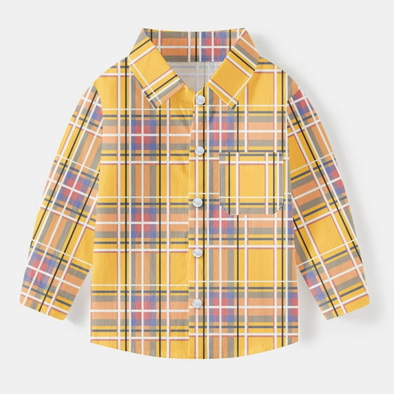 Eltusu Baby Girls Button-Down Shirts, Lapel Collar Spring Fall Comfy Long Sleeve Plaid Shirts Yellow Size 6-12 Months