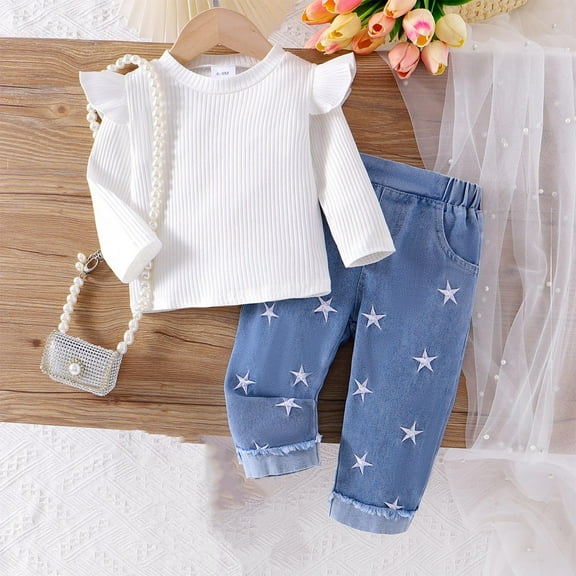 Eltusu Baby Girls Cotton Outfit Sets, 2 Pieces Long Sleeve Ruffle sleeve Sweatshirts & Sweatpants Set White Size 9-12 Months