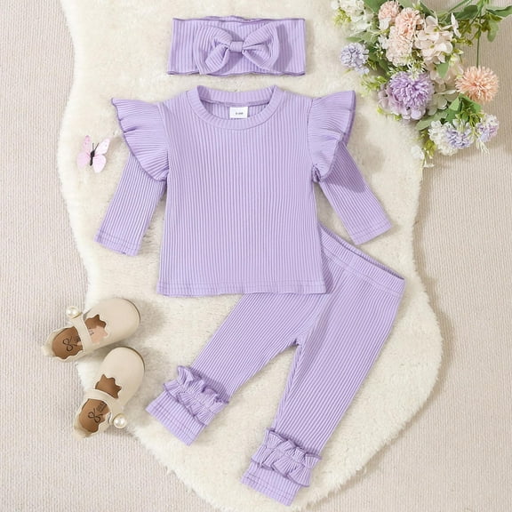 Eltusu Baby Girls Cotton Outfit Sets, Solid Color Ruffle sleeve Three Pieces Tops and Pants Set Purple Size 18-24 Months