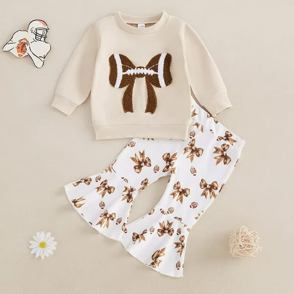 Eltusu Baby Girls Cotton Outfit Sets, Two Pieces Cropped Flare Long Sleeve Tops and Pants Set Beige Size 12-18 Months
