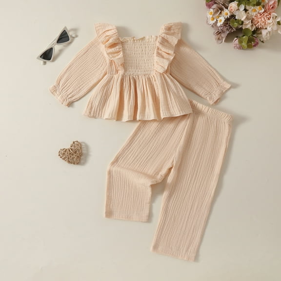 Eltusu Baby Girls Cotton Outfit Sets, Two Pieces Fashion Long Sleeve Tops and Pants Set Beige Size 18-24 Months