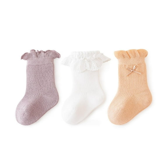 Eltusu Baby Girls Cotton Socks, Breathable Mid-Calf Soft 3 Pieces Spring Fall Socks Orange Size 0-6 Months