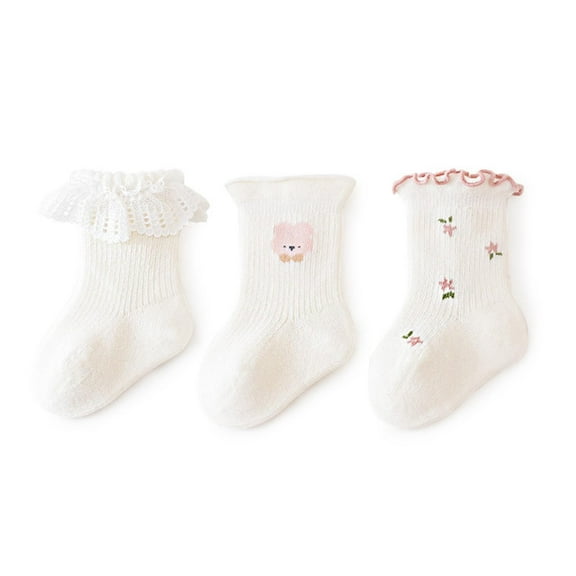 Eltusu Baby Girls Cotton Socks, Comfy Soft 3 Pieces Mid-Calf Spring Fall Socks White Size 0-6 Months