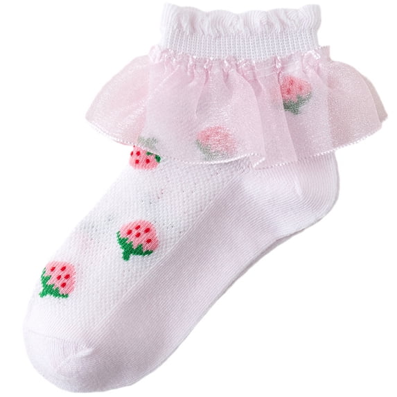 Eltusu Baby Girls Cotton Socks, Ruffled Stretch Printed Low Cut Ankle Socks Pink Size 1-3 T