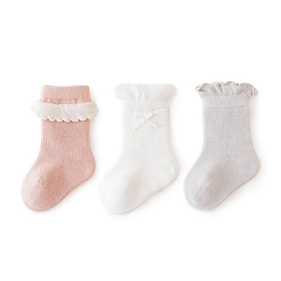 Eltusu Baby Girls Cotton Socks, Soft 3 Pieces Casual Mid-Calf Spring Fall Socks Pink Size 0-6 Months