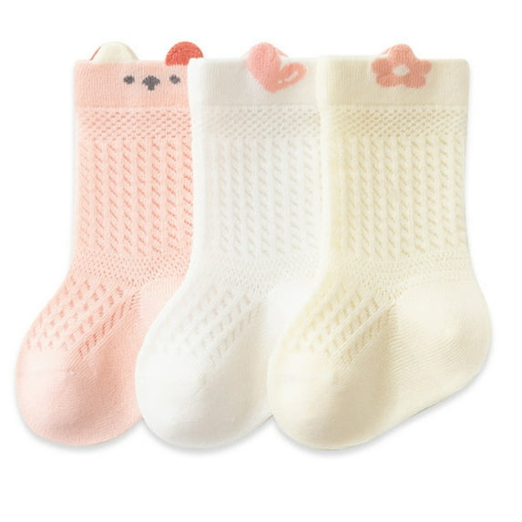 Eltusu Baby Girls Cotton Socks, Soft Mid-Calf Solid Color 3 Pieces Spring Fall Socks Pink Size 1-3 T