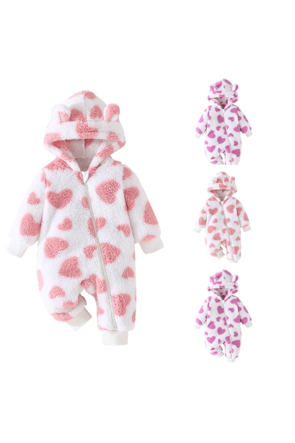 Baby Girls Fleece Jumpsuits, Hooded Full Zip Long Sleeve Warm Winter Rompers Pink Size 0-18 Months