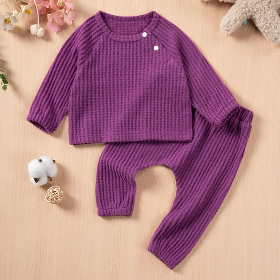 Eltusu Baby Girls Outfit Sets , Long Sleeve Solid Color 2 Pieces Sweatshirts & Sweatpants Set Purple Size 12-18 Months