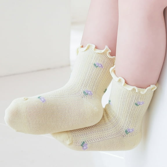 Eltusu Baby Girls Socks, Cotton Stretch Comfy Soft Mid-Calf Socks Yellow Size 1-3 T