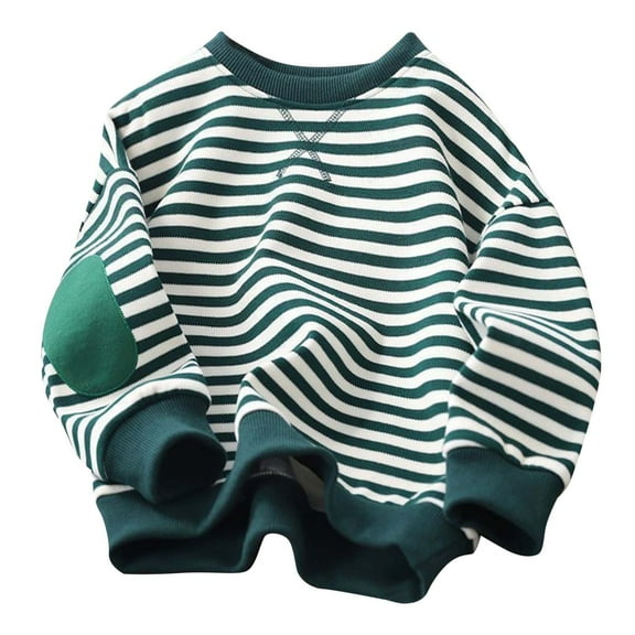 Eltusu Big Boys Pullover Sweatshirts, Striped Crewneck Long Sleeve 2025 Spring Fall Tops Green Size 8 T
