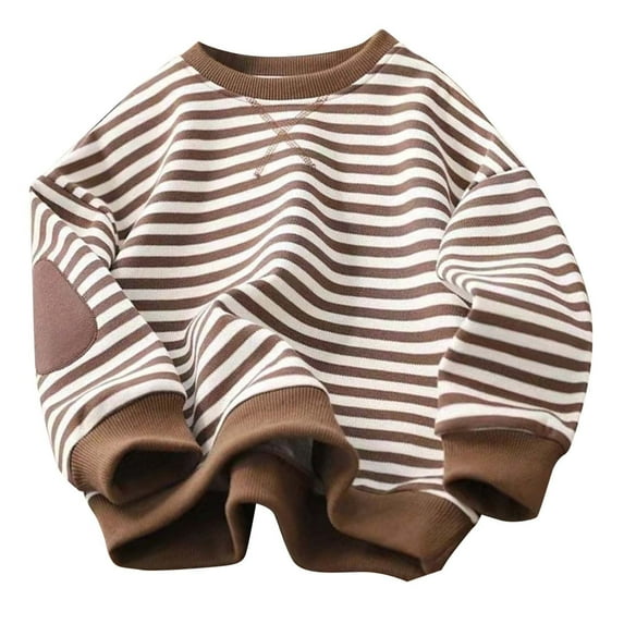 Eltusu Big Boys Pullover Sweatshirts, Striped Long Sleeve Crewneck 2025 Spring Fall Tops Brown Size 8-9 T