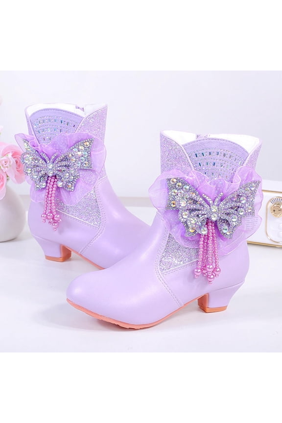 Big Girls Boots, No Slip Winter High Heels Thermal Princess Boots Purple Size 1(Big Kids)
