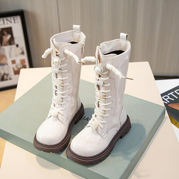 Eltusu Big Girls Riding Boots, Lace-Up Mid-Calf Plateform Warm Winter Shoes Beige Size 2(Big Kids)