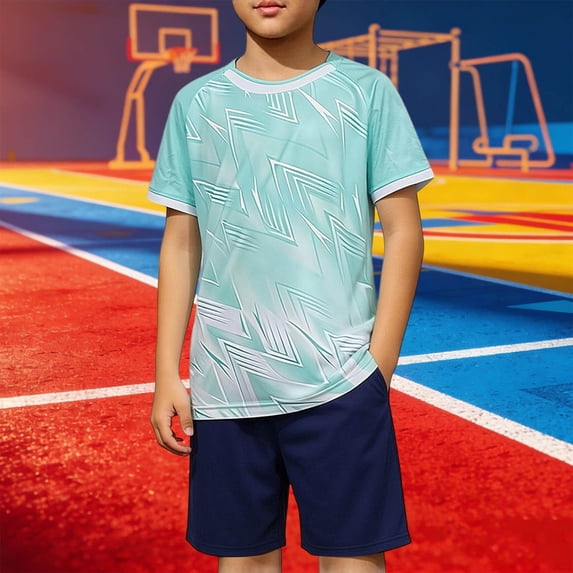 Eltusu Boys Athletic Outfit Sets, 2PC Short Sleeve Sports Crew Neck Kids Clothes Sets Light Blue Size 5-6 T