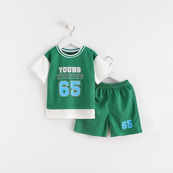 Eltusu Boys Athletic Outfit Sets, Elastic Waist Short Sleeve Basketball T-Shirts and Shorts Sets Green Size 5-6 T