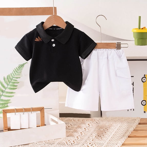 Eltusu Boys Athletic Outfit Sets, Short Sleeve Casual Cotton T-Shirts and Shorts Sets Black Size 1 T
