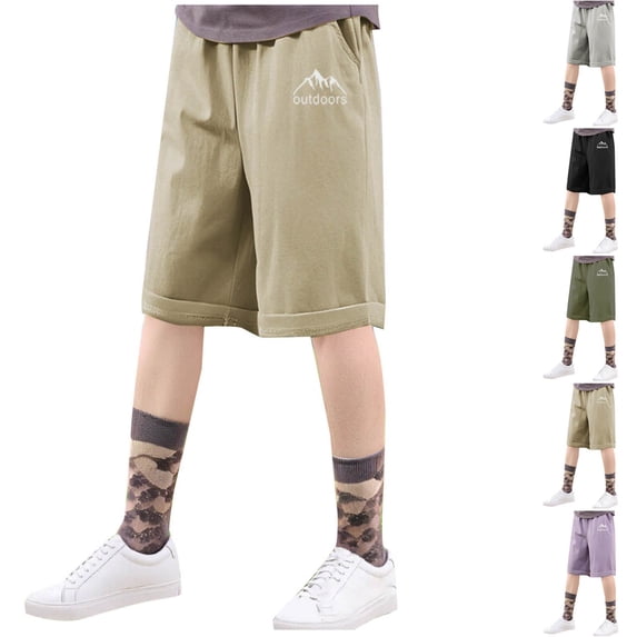 Eltusu Boys Athletic Shorts, Elastic Waistband Solid Color Relaxed Fit Casual Summer Shorts Khaki Size 7-8 T