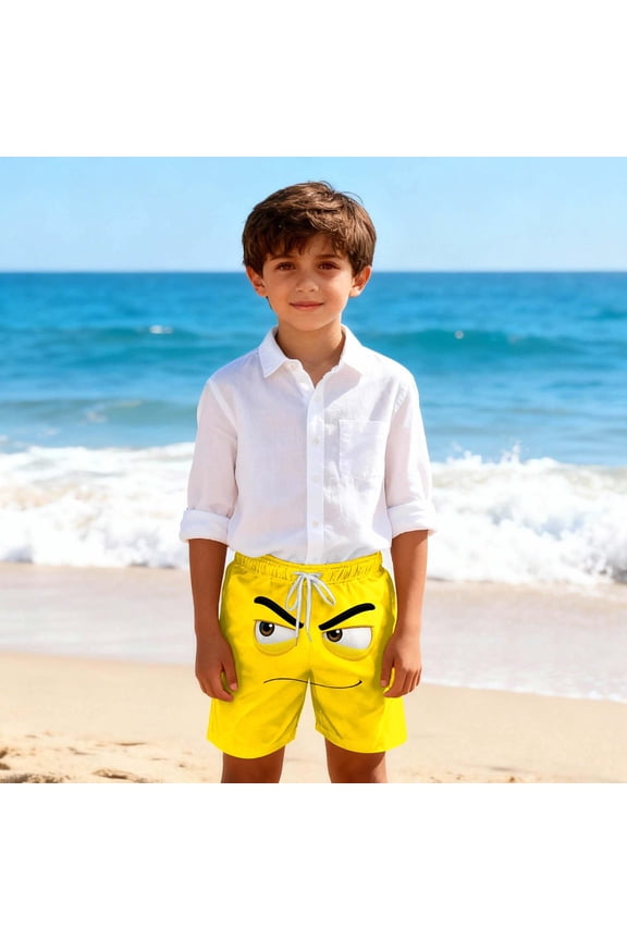 Boys Beach Shorts, Drawstring Funny Elastic Waist Fashion Summer Shorts Yellow Size 5-6 T