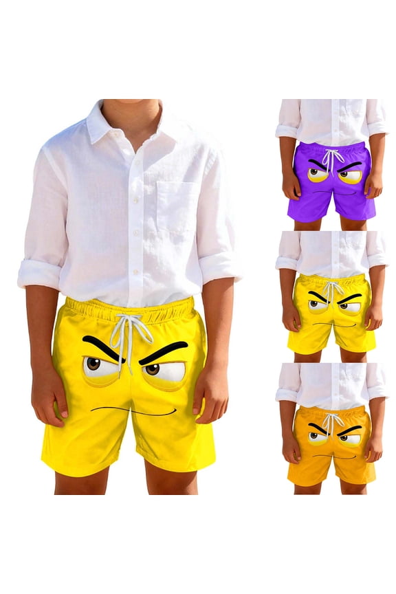 Boys Beach Shorts, Elastic Waist Drawstring Funny Fashion Summer Shorts Yellow Size 10-12 T