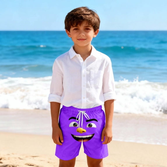 Eltusu Boys Beach Shorts, Elastic Waist Funny Cute Fashion Summer Shorts Purple Size 7-8 T