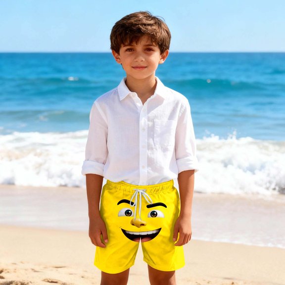 Eltusu Boys Beach Shorts, Funny Elastic Waist Fashion Cute Summer Shorts Yellow Size 7-8 T