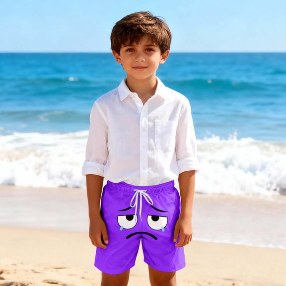 Eltusu Boys Beach Shorts, Funny Elastic Waistband Cartoon Fashion Summer Shorts Purple Size 5-6 T