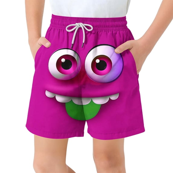 Eltusu Boys Board Shorts, Elastic Waistband Drawstring Cartoon Funny Swim Trunks Hot Pink Size 10-11T
