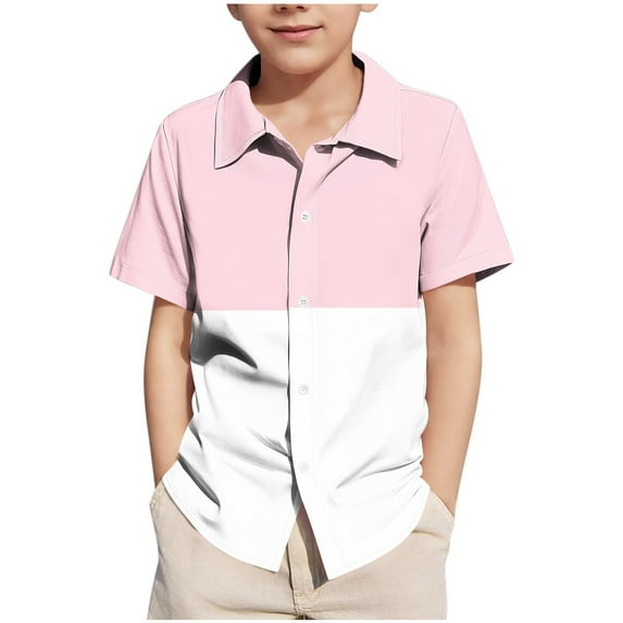 Eltusu Boys Button Down Shirts, Breathable Lapel Collar Short Sleeve Comfort School Uniform Shirts Pink Size 9-10 T