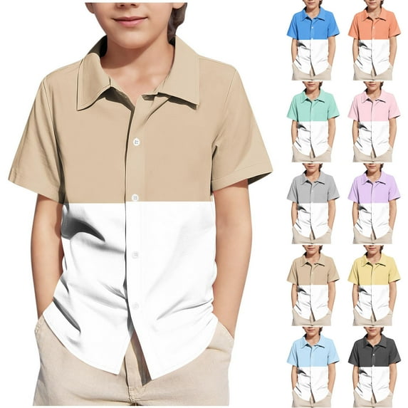 Eltusu Boys Button Down Shirts, Comfort Lapel Collar Short Sleeve Breathable School Uniform Shirts Khaki Size 5-15 T
