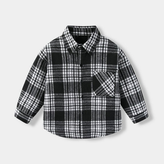 Eltusu Boys Button-Down Shirts, Cotton Lapel Collar Long Sleeve Comfy Plaid Shirts Black Size 8-9 T