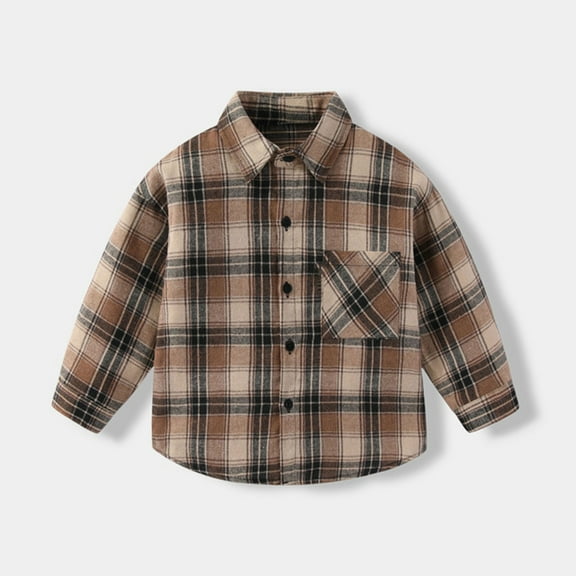 Eltusu Boys Button-Down Shirts, Long Sleeve Lapel Collar Cotton Breathable Plaid Shirts Coffee Size 5-6 T