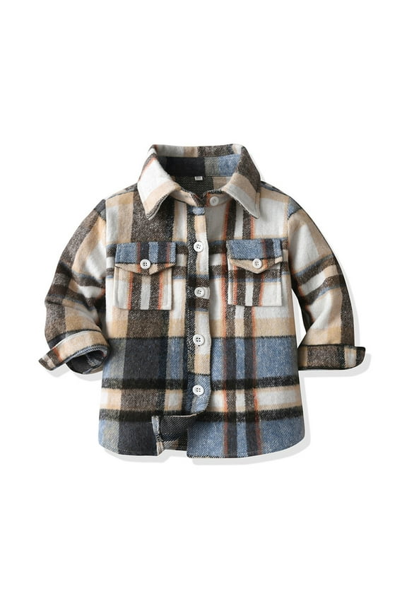 Boys Button-Down Shirts, Plaid Soft Lapel Collar Thermal Long Sleeve Shirts Blue Size 8 T