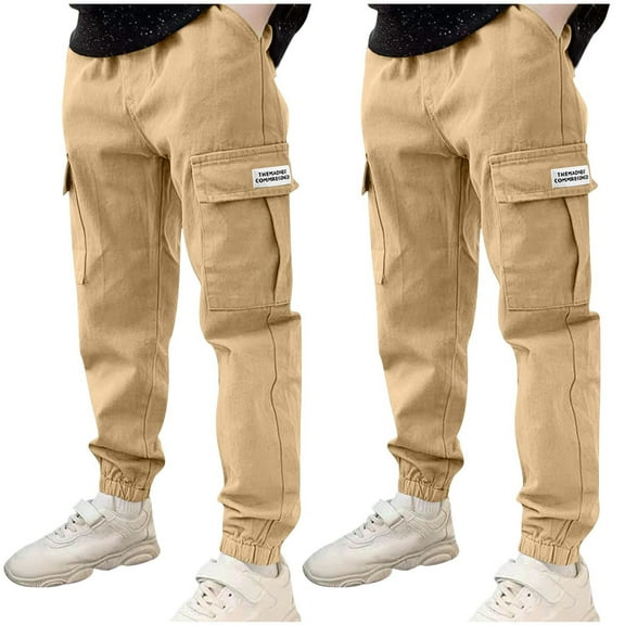 Eltusu Boys Cargo Pants, 2 Pieces Cotton Elastic Waist Relaxed Fit Joggers with Pockets Khaki Size 11-12 T